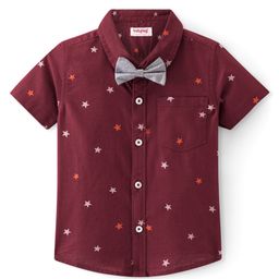 Babyhug Cotton Woven Half Sleeves Regular Collar Shirt with Bow Star Print - Wine Maroon-image-5