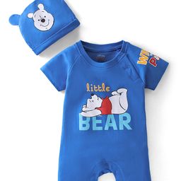 Babyhug Disney Interlock Cotton Knit Half Sleeves  Romper with Cap & Winnie the Pooh Graphics - Blue-image-82