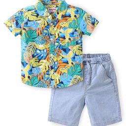 Babyhug Cotton Woven Half Sleeves Shirt & Denim Shorts Set With Tropical Theme - Multicolor-image-90