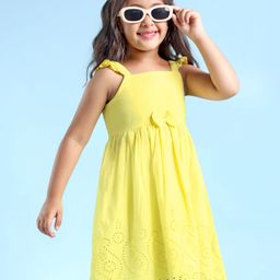 Babyhug Schifilli Woven Sleeveless Frock with Frill Sleeves & Bow Applique - Yellow-image-9