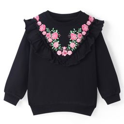 Pine Kids Cotton Knit Full Sleeves Sweatshirt With Floral Embroidery & Frill Detailing - Black-image-127