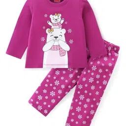 Babyhug Cotton Knit Full Sleeves Night Suit with Snow Bear & Flakes Print - Purple-picture-43