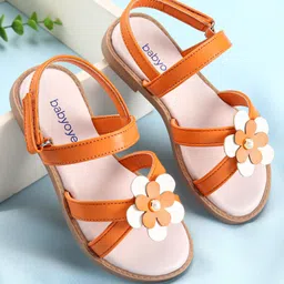 Babyoye Sandals with Velcro Closure & Floral Applique - Orange-picture-24