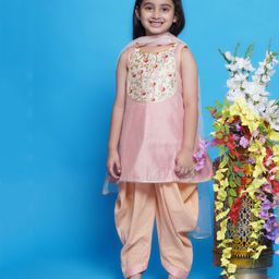 Little Bansi Sleeveless Tulip Embroidered Kurta Dhoti With Dupatta - Peachish Pink-image-57