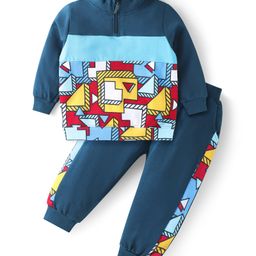 Babyhug Terry Knit Full Sleeves Cut & Sew Printed High Neck Sweatshirt & Joggers Set - Teal Blue-image-46