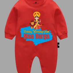 The Peppy Tend Navratri Theme 100% Cotton Full Sleeves Seeking Blessings From Maa Durga Text Printed Romper - Red-picture-7
