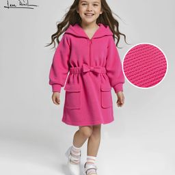 Arias Cotton Knit Waffle Full Sleeves Hooded Winter Dress With Bow & Pockets - Dark Pink-image-44