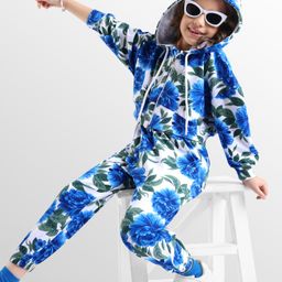 Ollington St. Cotton Knit Full Drop Shoulder Sleeves Winter Wear Floral Printed Hooded Sweatshirt & Jogger - Blue & White-picture-43