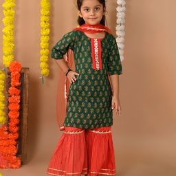 Kinder Kids Cotton Three Fourth Sleeves Floral Motif Printed & Gota Lace Embellished Kurta Sharara With Dupatta - Green & Red-image-27