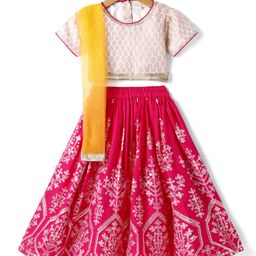 Saka Designs Rayon HalfSleeves Floral Foil Printed Choli Lehenga Set with Dupatta & Sequinned Lace Detailing - Dark Pink & Yellow-image-37