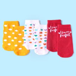 Cute Walk by Babyhug Knit Ankle Length Antibacterial Socks with Polka Dots Hearts & Text Design Pack of 3 - Red Yellow & White-image-75