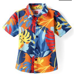 Babyhug Cotton Knit Half Sleeves Shirt With Leaf Print - Blue-image-50