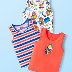 Babyhug 100% Cotton Knit Sleeveless Sandos With Stripes & Cub Print Pack of 3 - Blue Red & White-picture-18