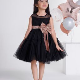 Ministitch Net Sleeveless Sequins Embellished Bow Applique Detailed Tiered Dress - Black-picture-10