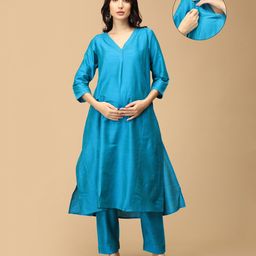 The Mom Store Silk Three Fourth Sleeves Solid Maternity Kurta With Nursing Access & Salwar Set - Aqua Blue-image-52