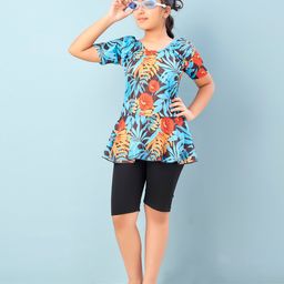 Aarika Half Sleeves Houndstooth Printed Frock Style Swimsuit-Firozi & Black-image-47