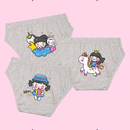 NUSYL Cotton Pack Of 3 Cute Girl & Unicorn Printed Panties - Grey-image-121