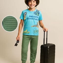 OLLINGTON ST. Cotton Half Sleeves Safari Printed T-Shirt & Knit Joggers Set - Sky Blue & Light Green-image-89