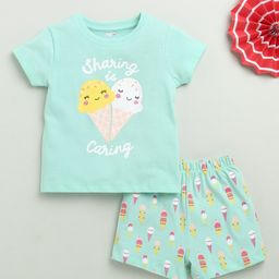 BUMZEE Cotton Half Sleeves Ice Cream Printed Tee & Coordinating Short Set - Mint Green-picture-18