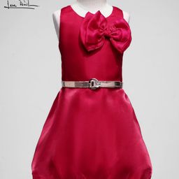Arias Woven Sleeveless Balloon Hem Party Dress With Bow Applique & Belt - Red-image-35