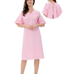 Piu Woven Half Sleeves Solid Hospital Nighty - Pink-image-74