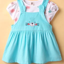 ToffyHouse Interlock Knit Frock & Half Sleeves Inner Tee With Animal Print & Embroidery - Aqua Blue & White-image-71