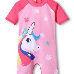 ROVARS Half Raglan Sleeves Legged Swimsuit with Unicorn & Floral Print - Pink-image-62