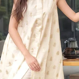 GoSriKi Women Ethnic Motifs Printed Band Collar A-Line Kurta with Trousers image 3