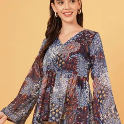 Magnetism Women Print V-Neck Flared Sleeves Wrap Top-image-1
