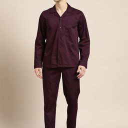 ether Men Maroon Pure Cotton Solid Pyjama Set-image-13