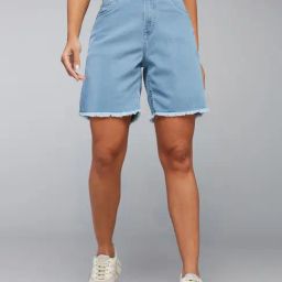 DOLCE CRUDO Light Blue Denim Regular Fit High Rise Shorts-image-58