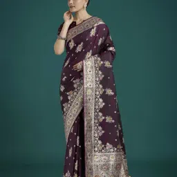 Monjolika Fashion Dark Wine Banarasi Satin Silk Regular Fit Saree-picture-10