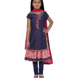 BIBA Girls Navy Embroidered Double Layered Kurti & Churidar With Dupatta-picture-19