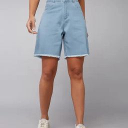 DOLCE CRUDO Light Blue Denim Regular Fit High Rise Shorts-image-52