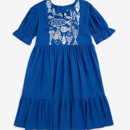 Utsa Kids by Westside Blue Embroidered Cotton-Blend Tiered Dress-image-55