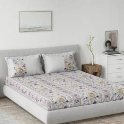 DDECOR Live beautiful Purple Cotton Ethnic 145 TC King Fitted Bedsheet with 2 Pillow Covers-image-84