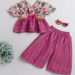 Many Frocks Kids White & Pink Floral Print Top with Plazzos-image-54