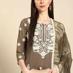 Anouk Women Brown Ethnic Motifs Embroidered Thread Work Kurta with Palazzos & With Dupatta-picture-14