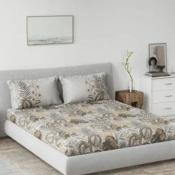 DDECOR Live beautiful Brown Cotton Floral 145 TC King Fitted Bedsheet with 2 Pillow Covers-image-16