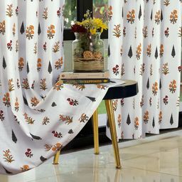Cortina White & Orange 2 Pieces Floral Printed Cotton Long Door Curtains-image-82