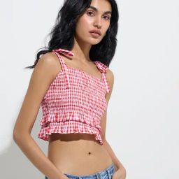 Nuon by Westside Red Checkered Smocked Cotton Crop Top-image-62