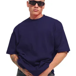 Mast & Harbour Navy Blue Drop-Shoulder Sleeves Anti Odour Pure Cotton Oversized Tshirt-image-109