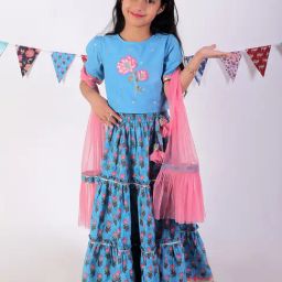 Lil Drama Girls Blue & Pink Embroidered Lehenga, Choli With Dupatta-image-34
