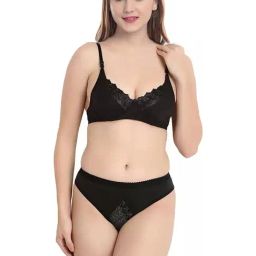 AROUSY Black Cotton Self Pattern Bra Panty Set-picture-3