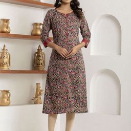 KANNAHI Women Floral Printed Thread Work Block Print Calf Length Kurta-picture-20