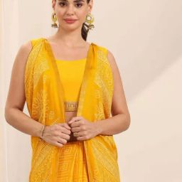 Libas Yellow Bandhani Print Saree with Unstitched Blouse image 5