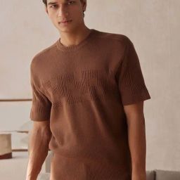 ANDAMEN Brown Regular Fit Self Design Cotton Crew T-Shirt-28