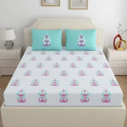 Home Ecstasy Turquoise Drift Cotton Floral 140 TC Double Bedsheet with 2 Pillow Covers-picture-23