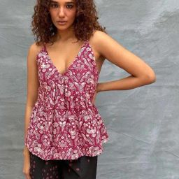 Chidiyaa Maroon Soil Tracing Wildwood Blockprinted Cotton Top-picture-22