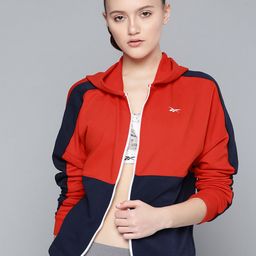 Reebok Women Red & Navy Linear Logo FT Full Zip Colourblocked Hooded Training Sweatshirt-image-64